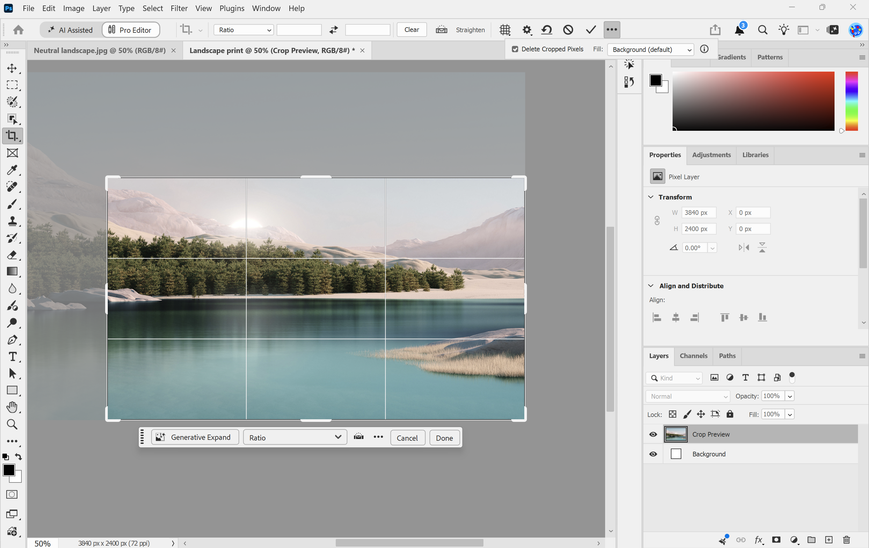 Photoshop Crop tool options bar with Delete Cropped Pixels checked