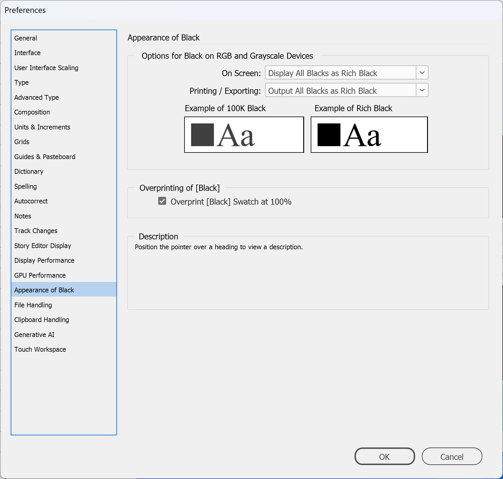 InDesign Appearance of Black preferences with Overprint [Black) Swatch at 100% ticked