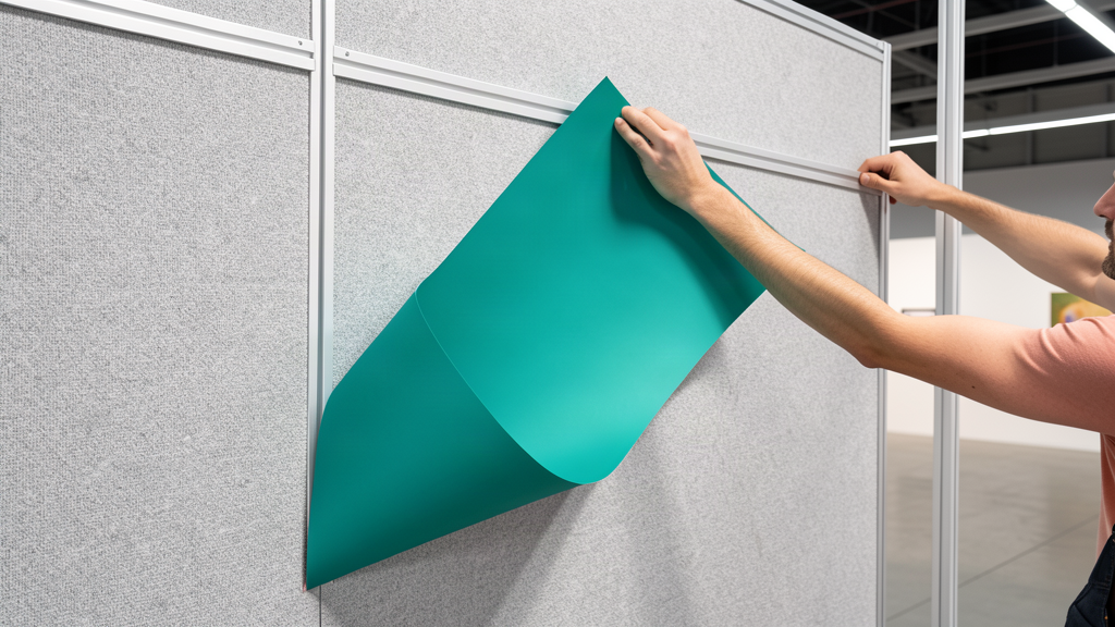 Graphic panel being peeled off a carpeted shell scheme wall from a top corner