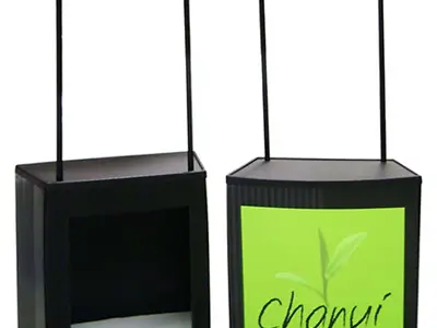 Chanui tea demo counter seen from the green branded front and the open storage rear