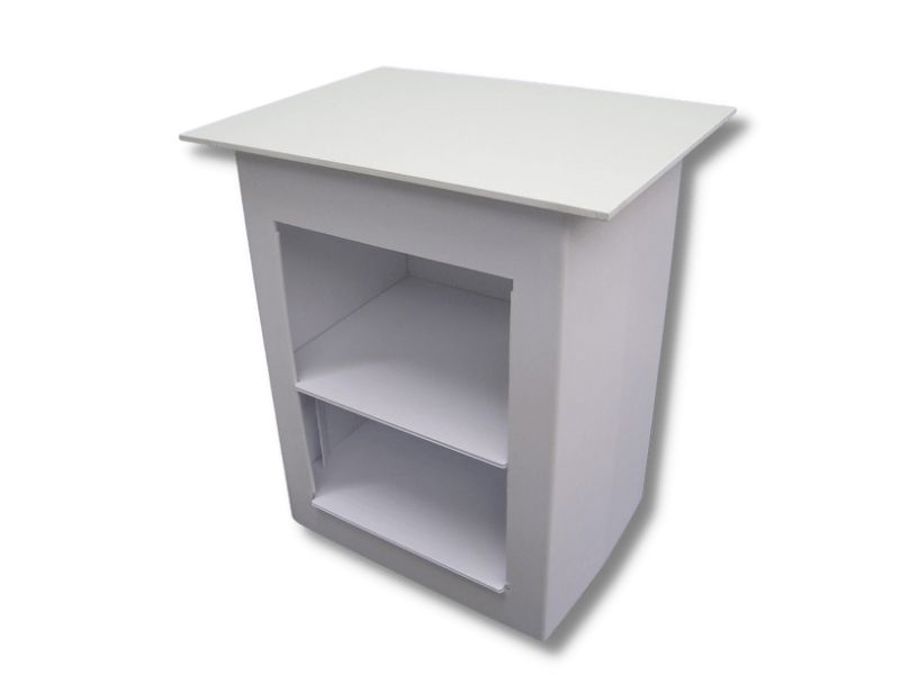 Rear view of a white demonstration table with an open back and two internal shelves for stock