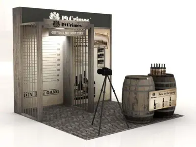 Concept design of a 19 Crimes mugshot set with height chart, camera and wine barrels