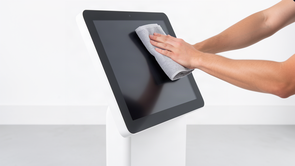 Wiping a touch screen kiosk from the top down with a damp cloth