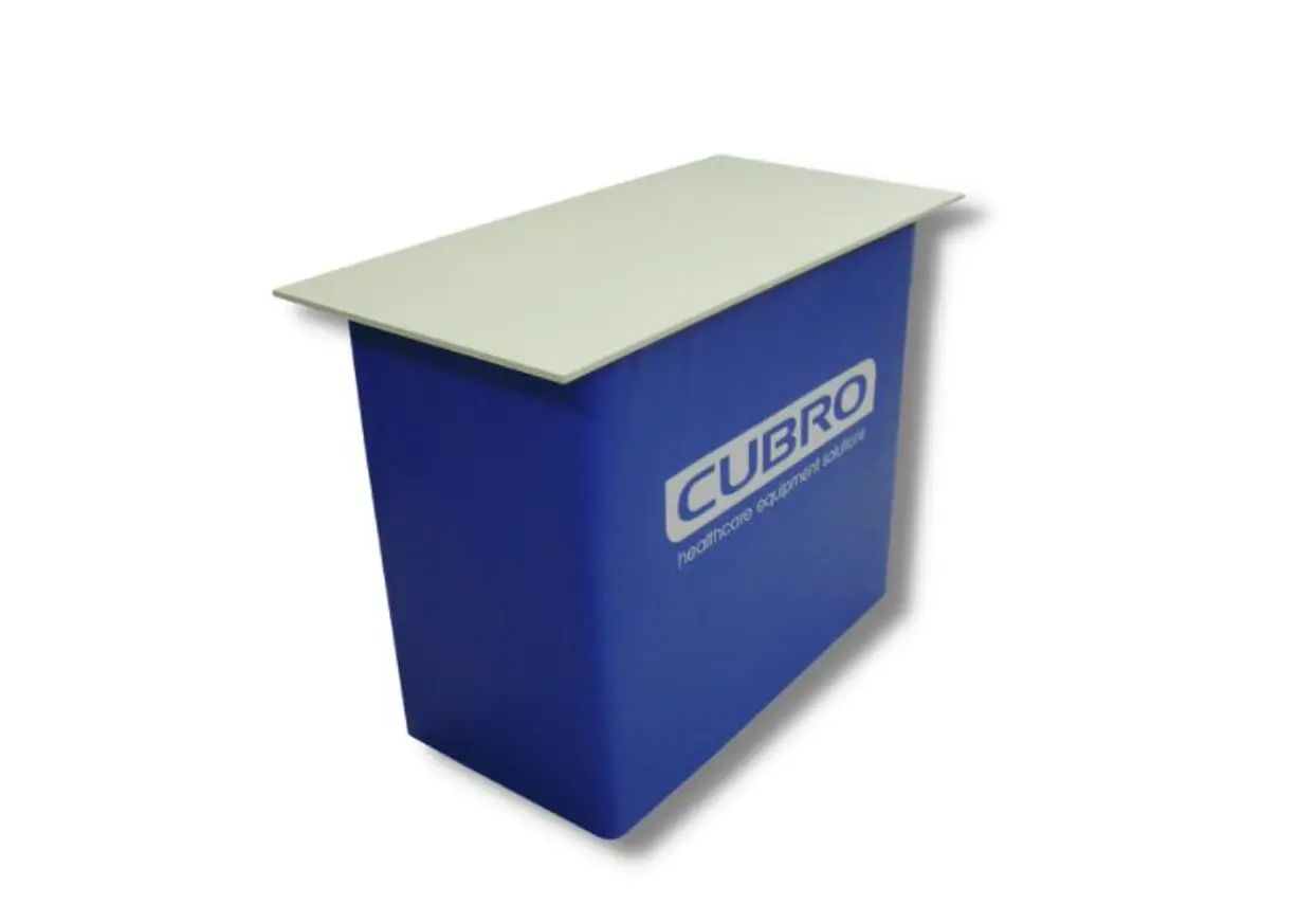Presenter demonstration table in black with a printed graphic wrap