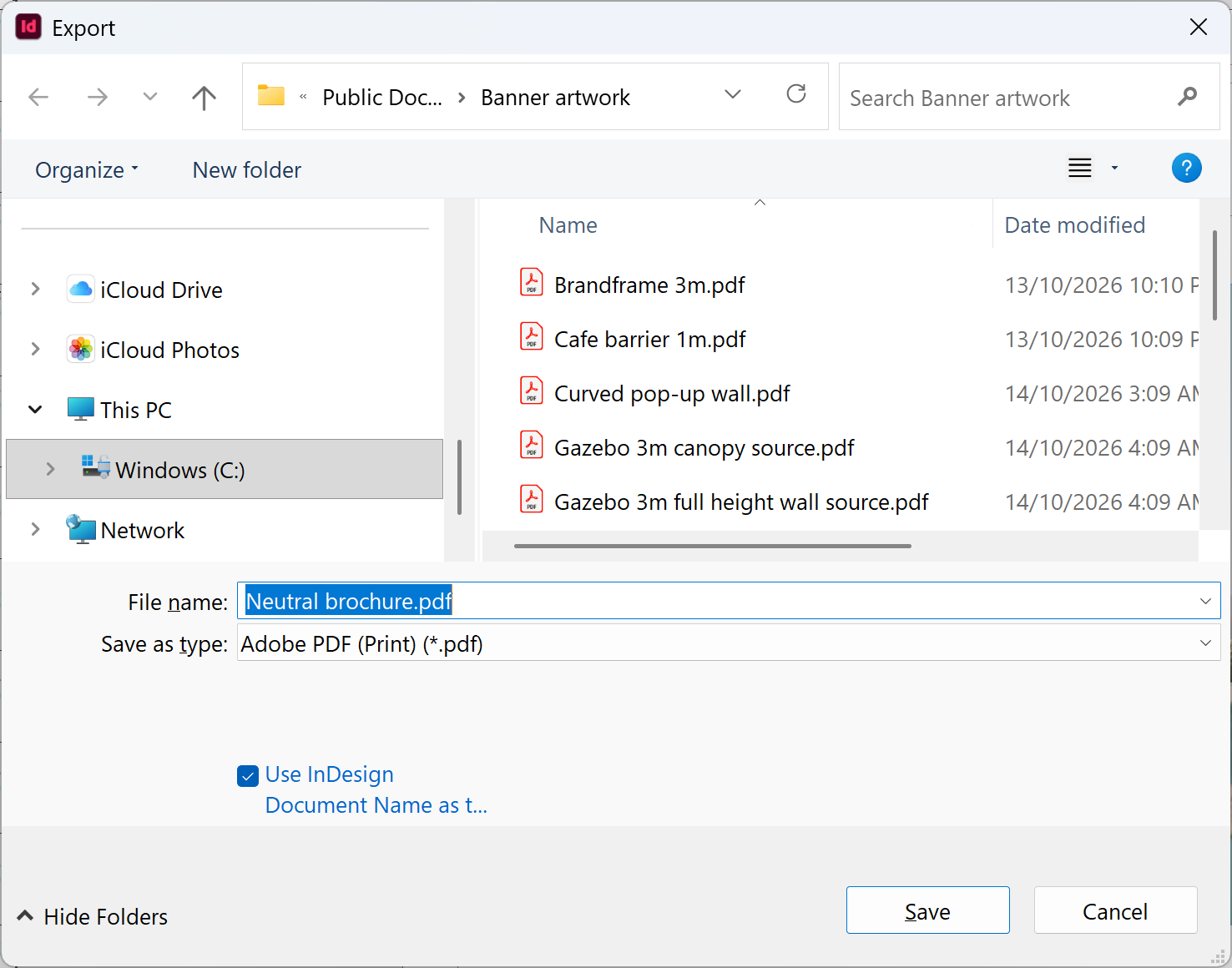 InDesign Export dialog with Adobe PDF (Print) chosen as the file type
