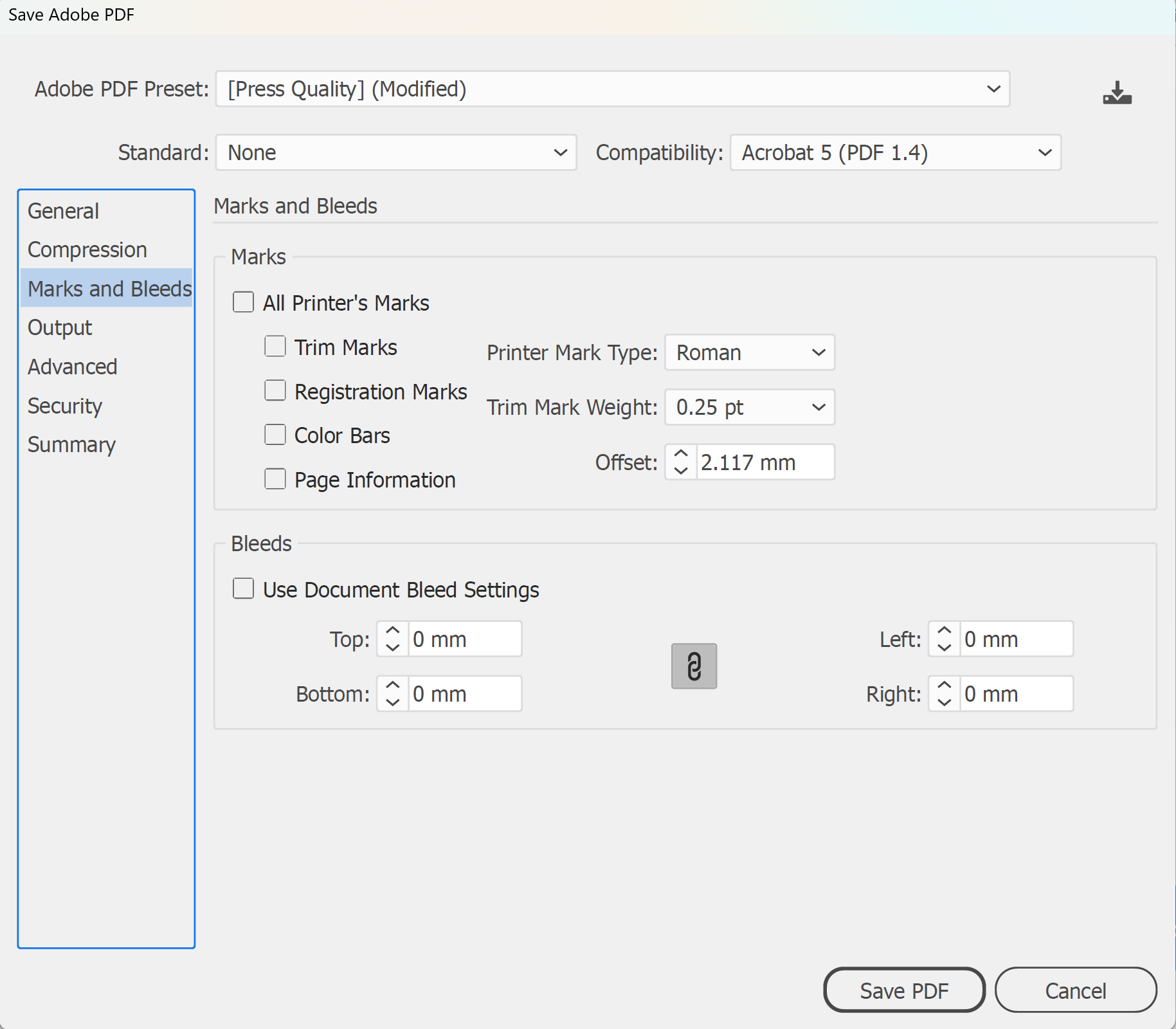 Illustrator Save Adobe PDF Marks and Bleeds panel with no printer's marks
