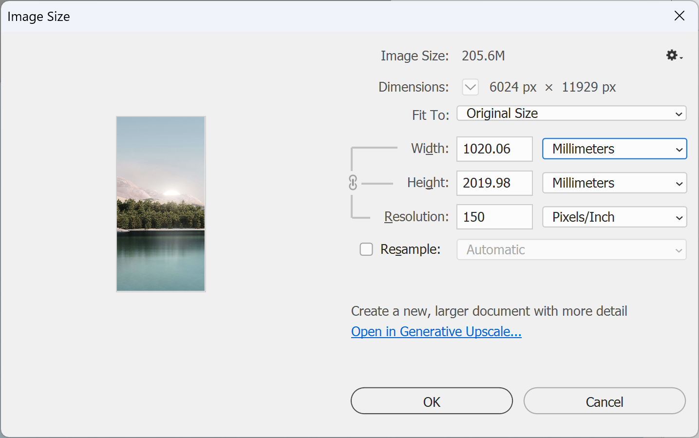 Photoshop Image Size dialog with Resample deselected and the finished size in millimetres