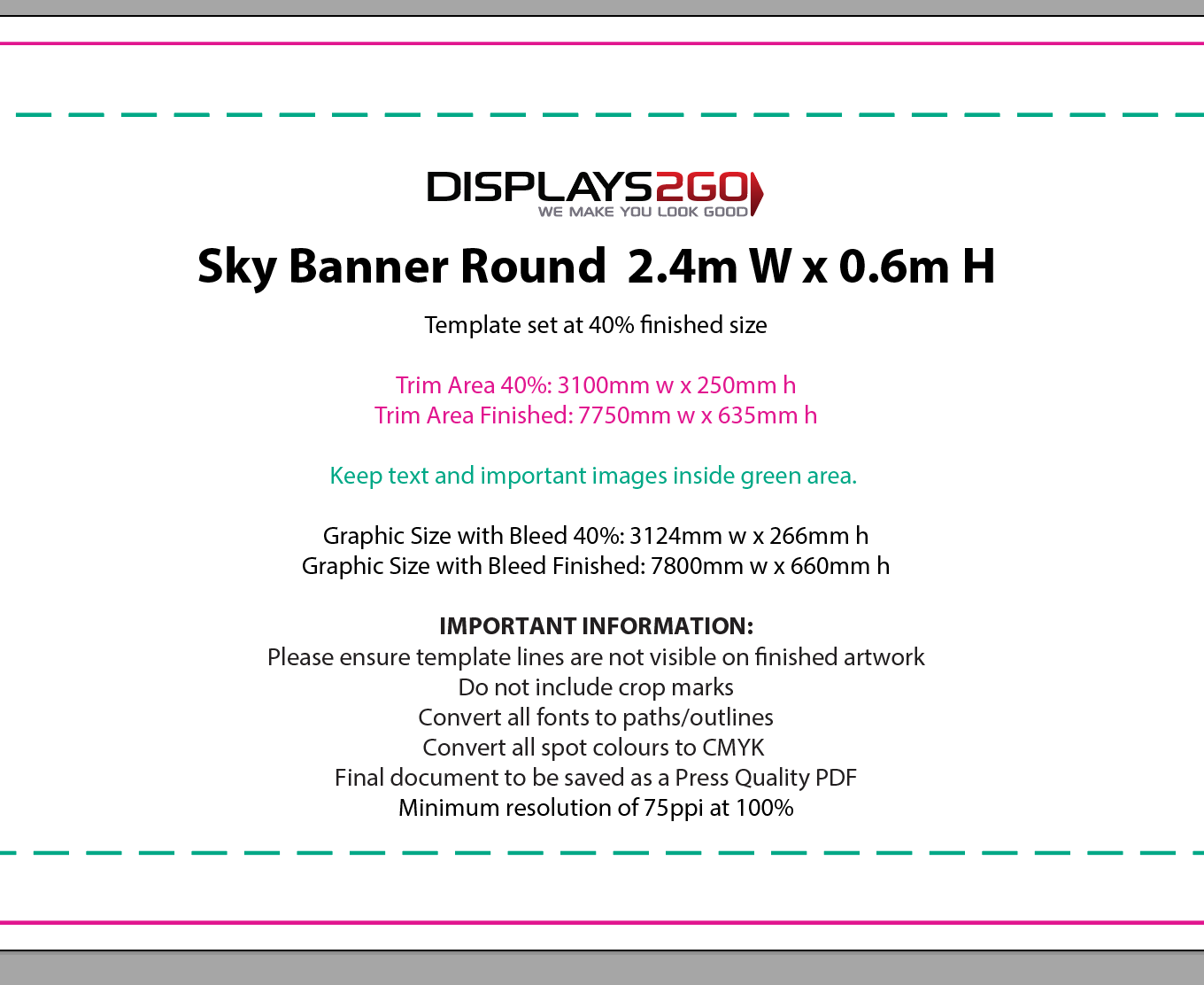 Circular Sky Banner template information block showing the 40% scale, trim area and graphic size with bleed