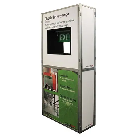 Working LED EXIT sign set into a printed tower with an energy-efficient message