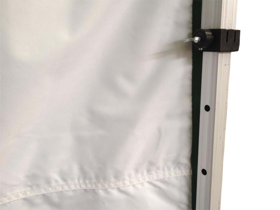 Close-up of a white gazebo side wall fixed along the aluminium leg of a pop-up marquee frame