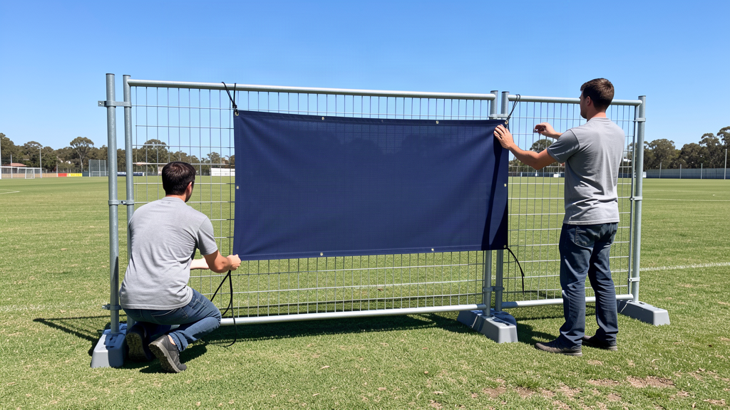 Two installers fixing the bottom corner of a banner on a braced temporary fence