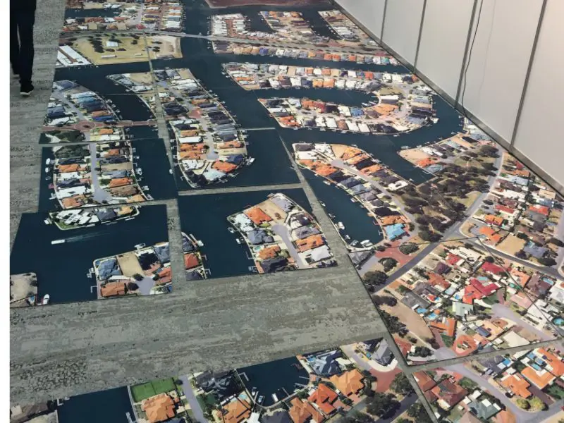 Aerial-view printed carpet of a waterfront housing estate
