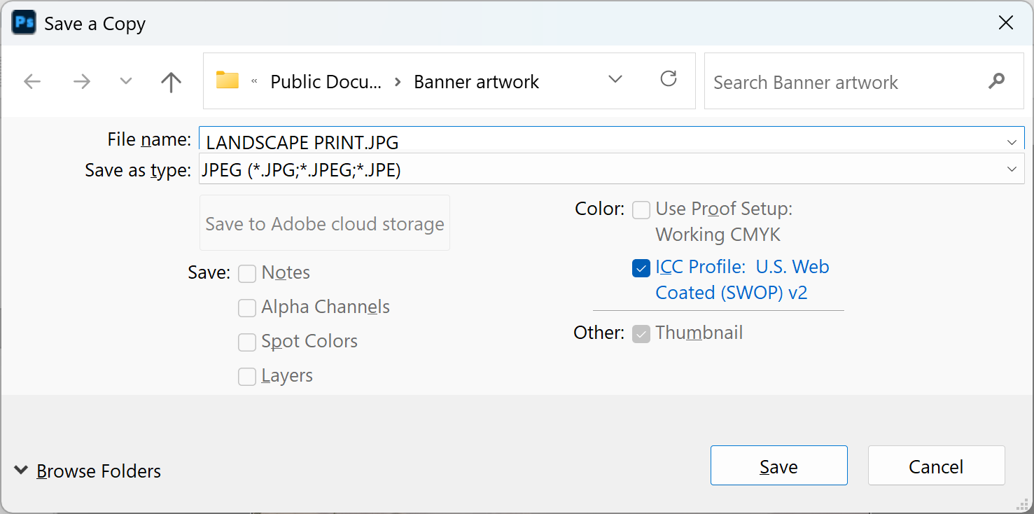 Photoshop Save a Copy dialog with JPEG chosen as the format