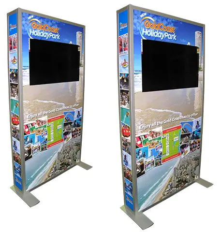 Two Gold Coast Holiday Park towers with landscape screens above holiday photos
