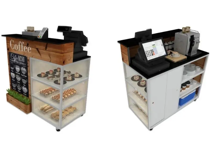 Coffee cart design with timber panels and clear acrylic windows