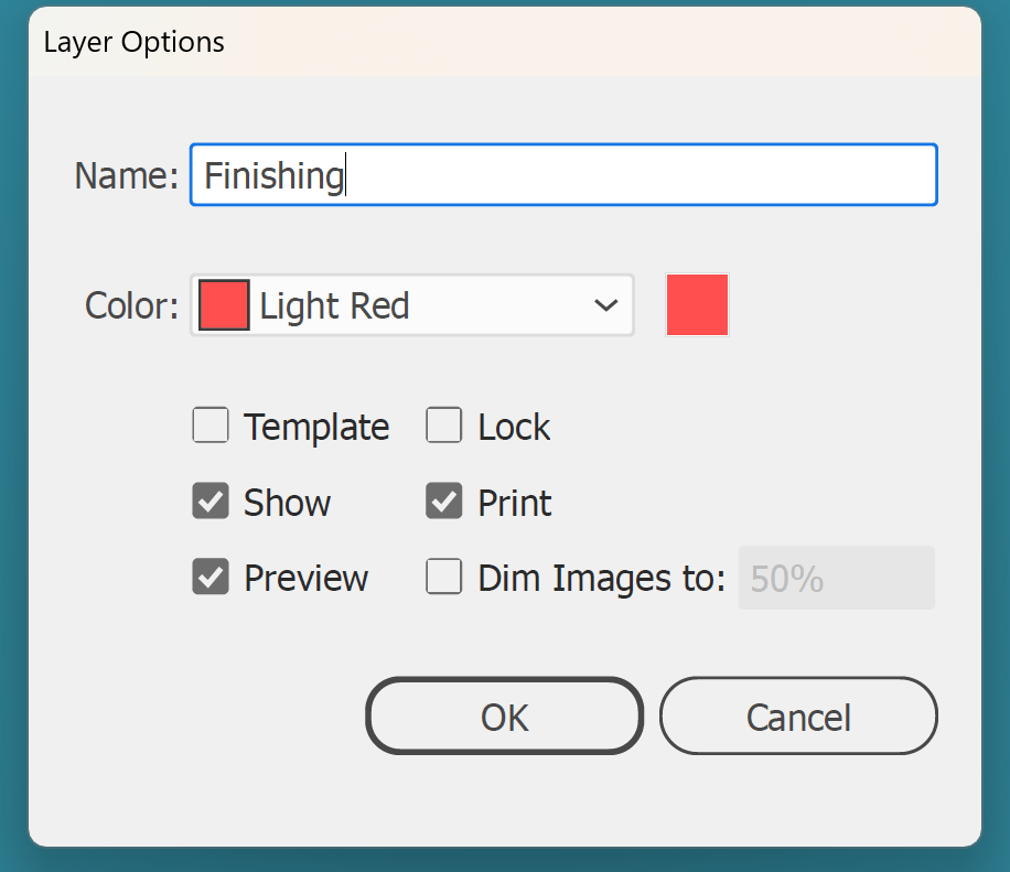 Illustrator Layer Options dialog naming a new layer Finishing