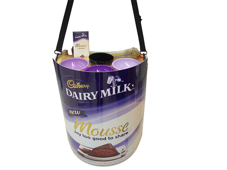Vendor tray with a full Cadbury Dairy Milk Mousse graphic skirt and a drop-in insert holding sample cups