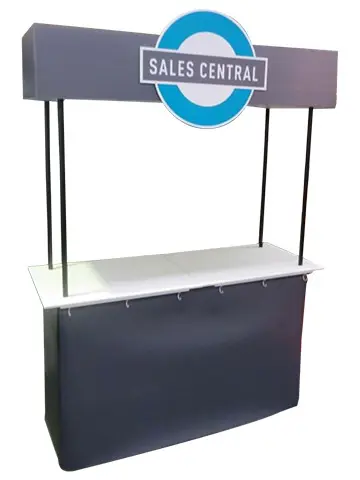 Counter with a Sales Central valance on four poles above a broad white top