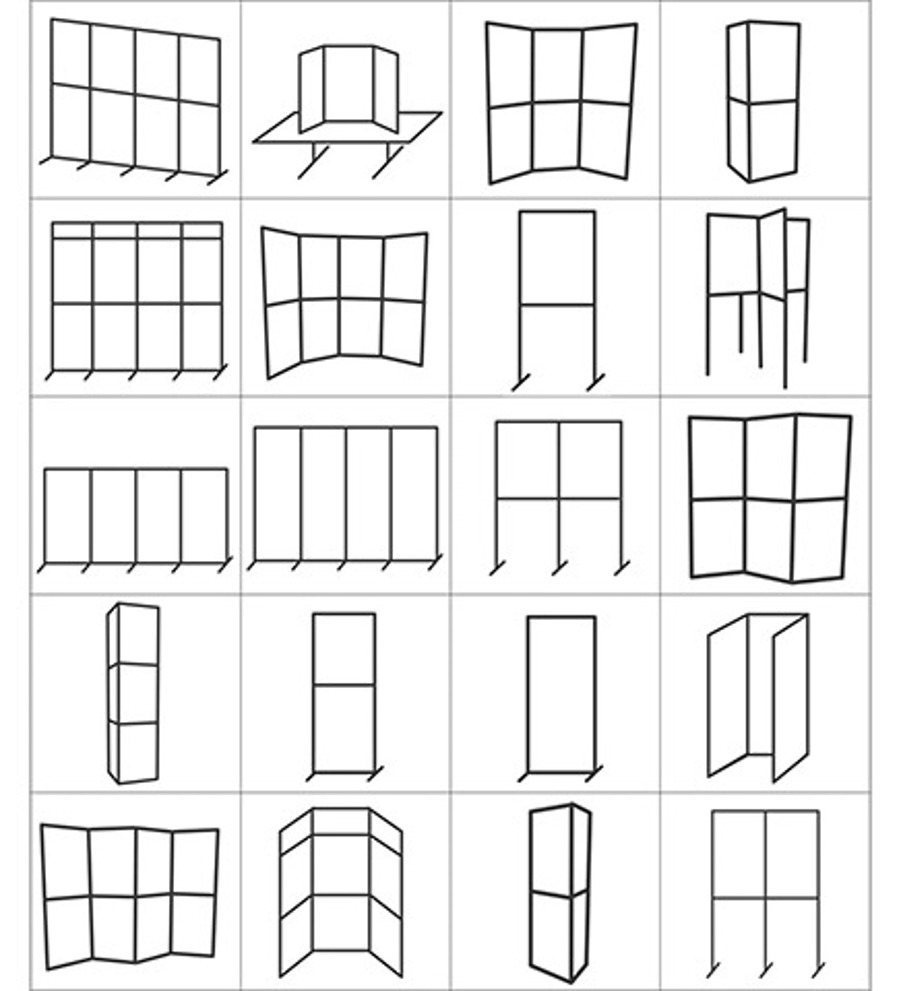 Line drawings of 20 display panel layouts, from straight runs and zig-zags to stand-alone towers and notice boards
