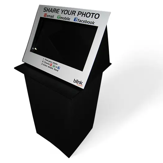 Black bl!nk photo sharing kiosk with email, mobile and Facebook options above the screen