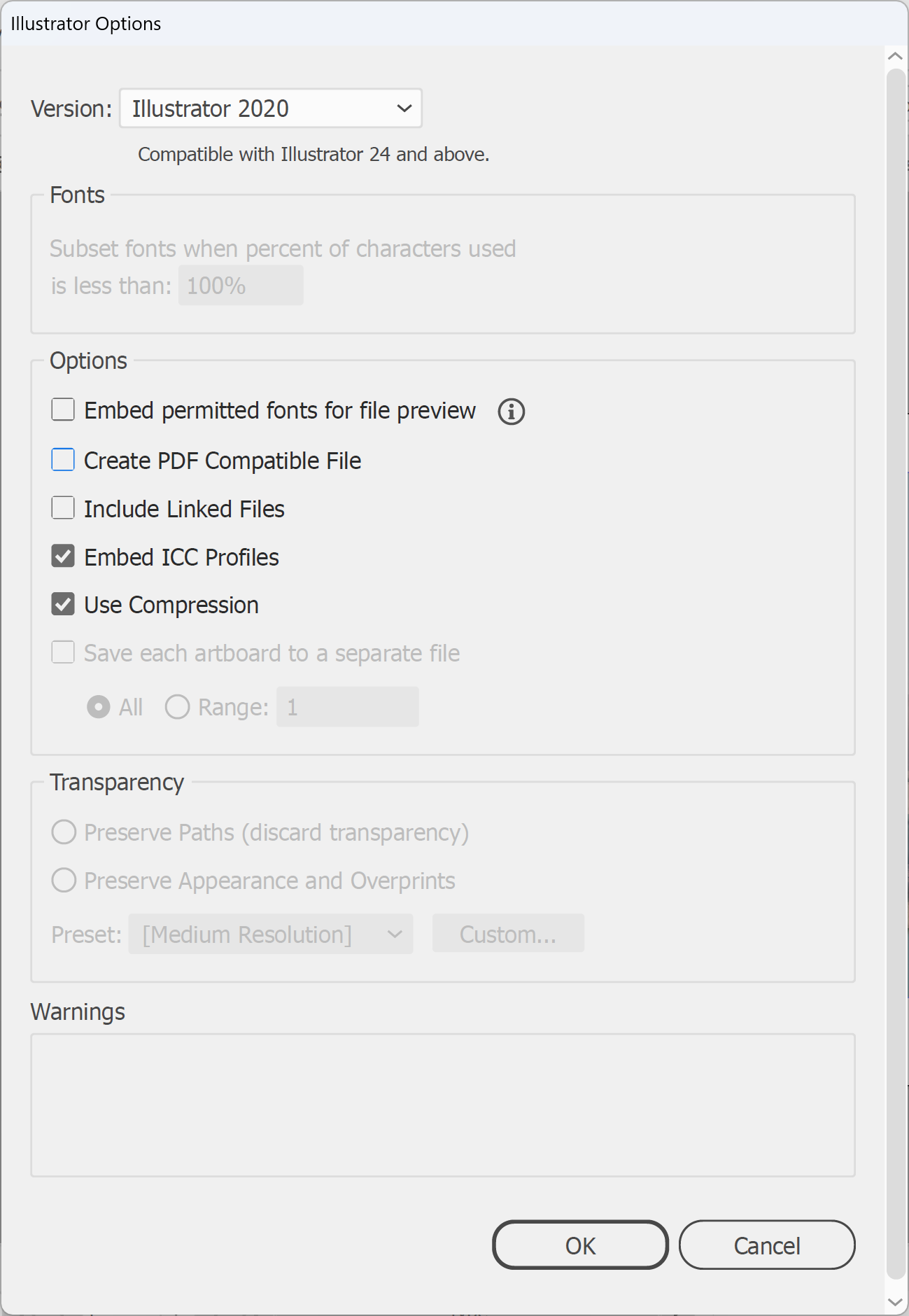 Illustrator Options dialog with Create PDF Compatible File and Include Linked Files unchecked, Use Compression checked