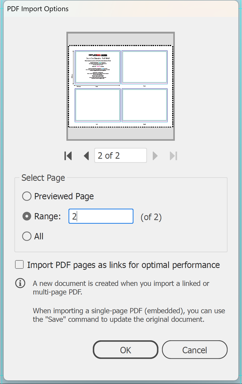 Illustrator PDF Import Options dialog with page 2 of a marquee wall template selected