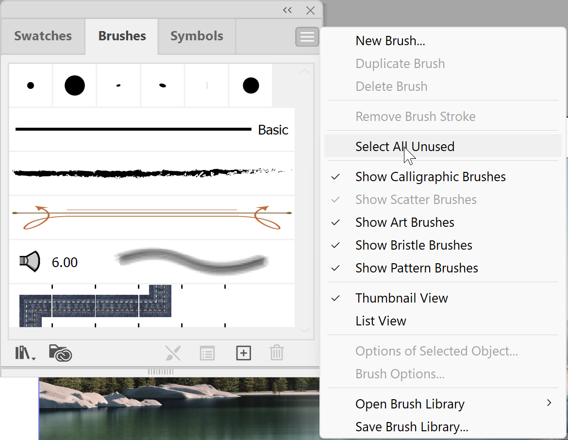 Illustrator Brushes panel menu with Select All Unused highlighted