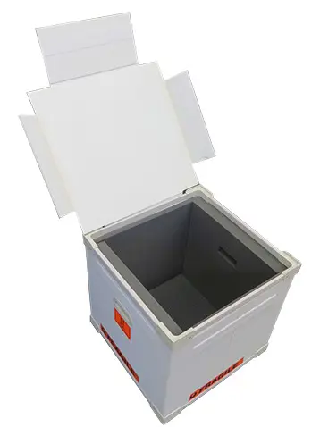 Open white road case lined with thick grey foam, with hand holds and Fragile labels