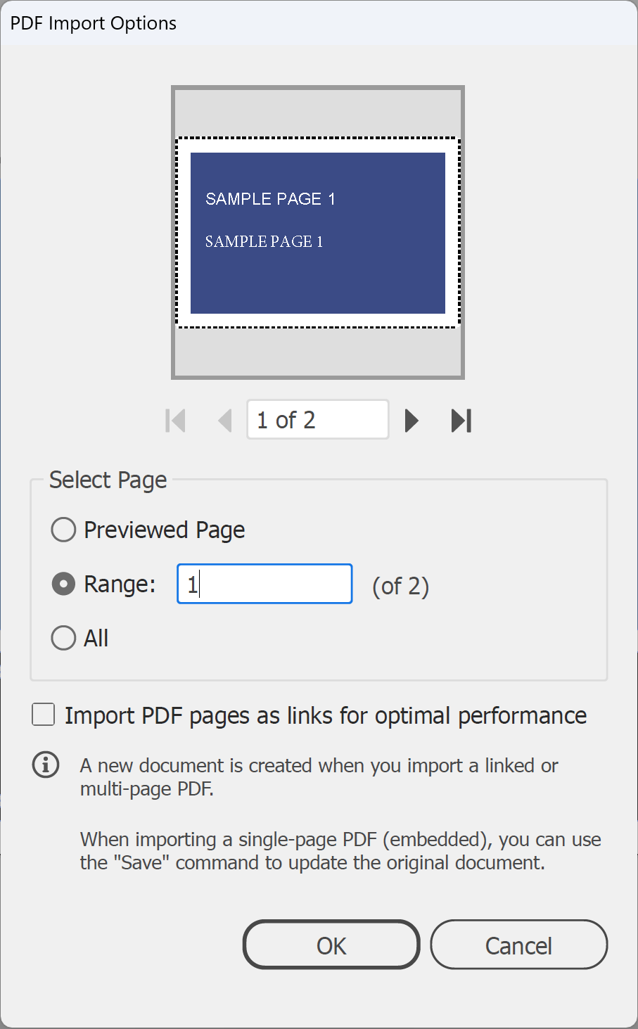 Illustrator PDF Import Options dialog with Range selected to open one page of a PDF