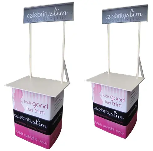 Two pink and black Celebrity Slim counters with header signs raised on slim poles
