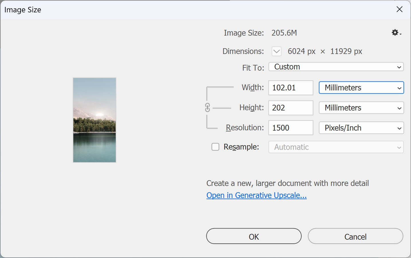 Photoshop Image Size dialog with Resample off, checking resolution at 10% scale