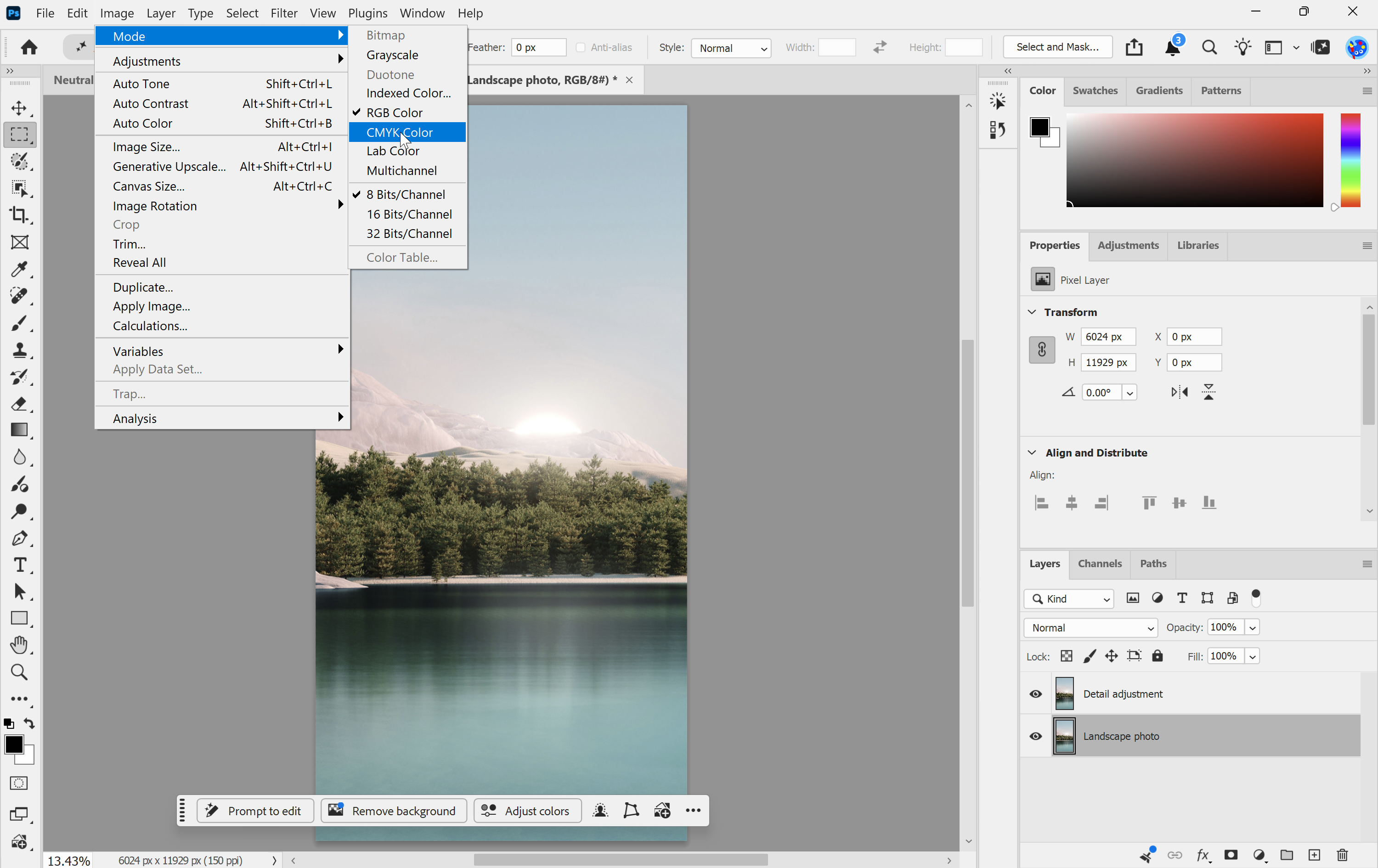 Photoshop Image Mode menu with CMYK Color highlighted