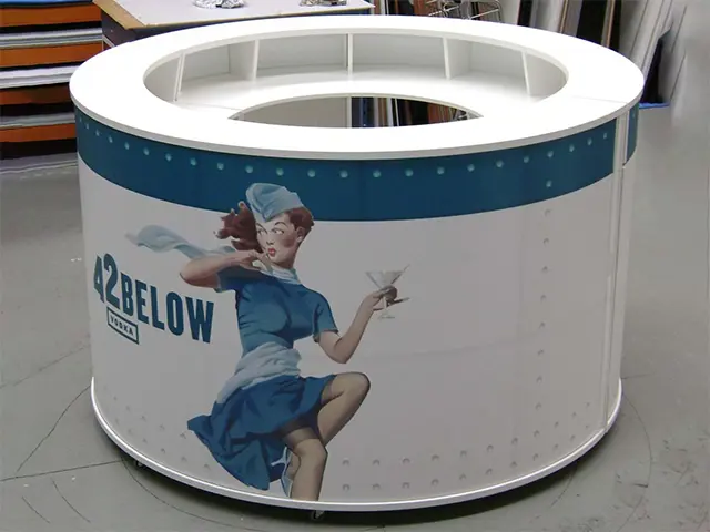 Round 42 Below Vodka bar wrapped in a retro air hostess illustration