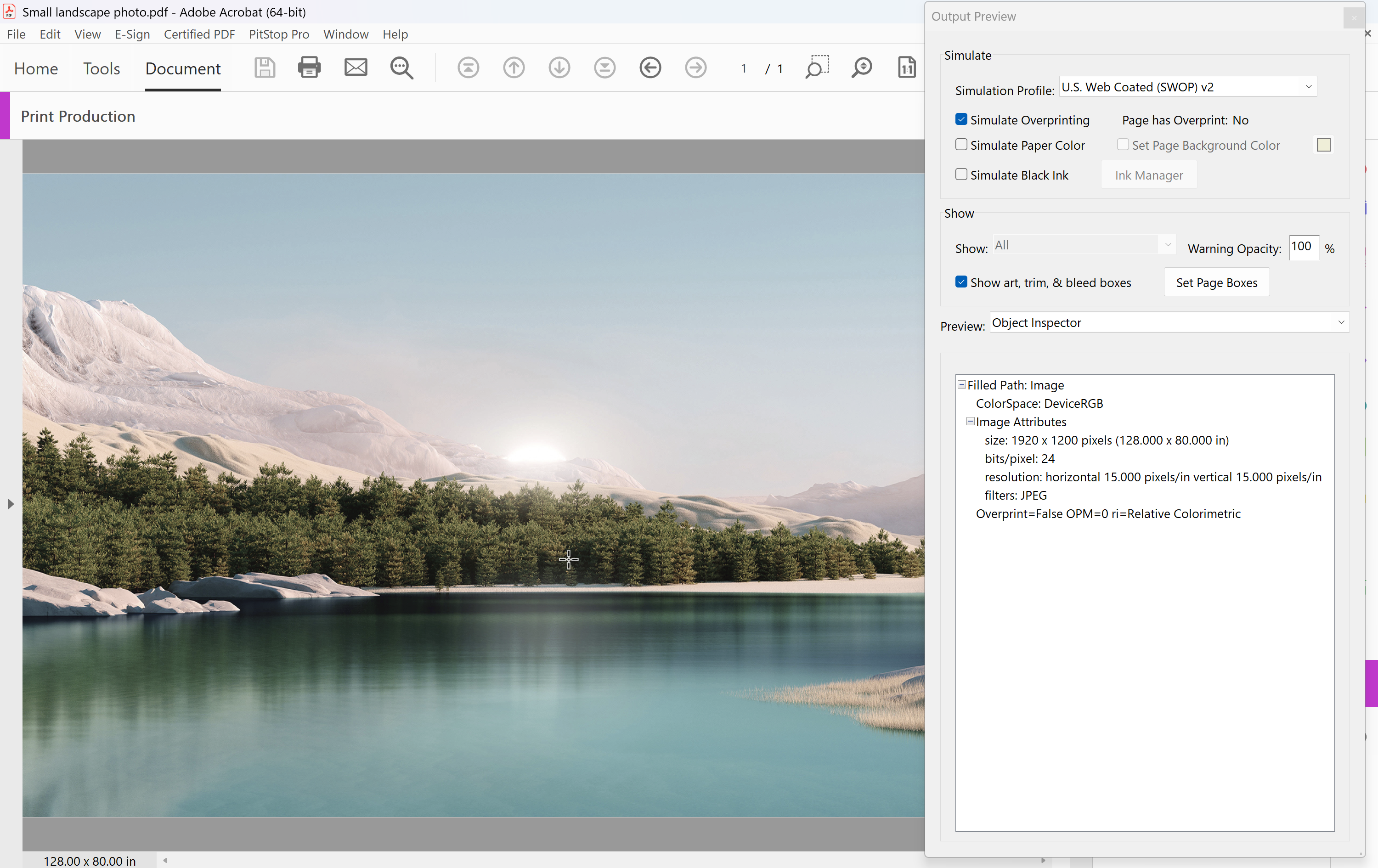 Acrobat Pro Output preview with the Object Inspector showing the resolution of an image in a PDF