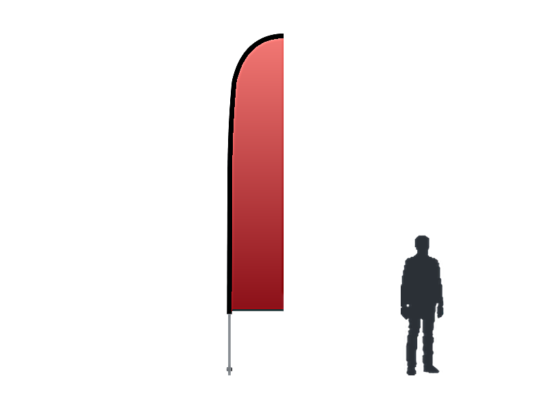 Scale drawing of a 4.5 m Blade 2 Go feather flag beside a person silhouette