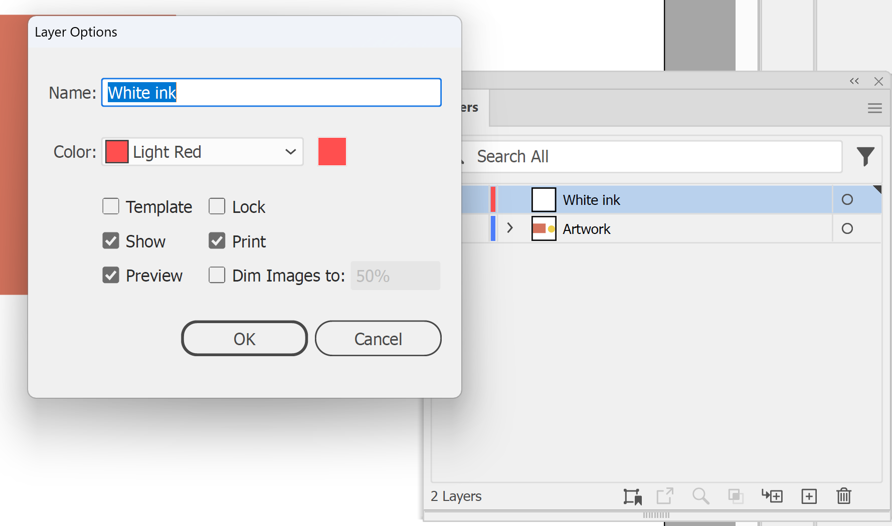 Illustrator Layer Options dialog naming a White ink layer at the top of the Layers panel