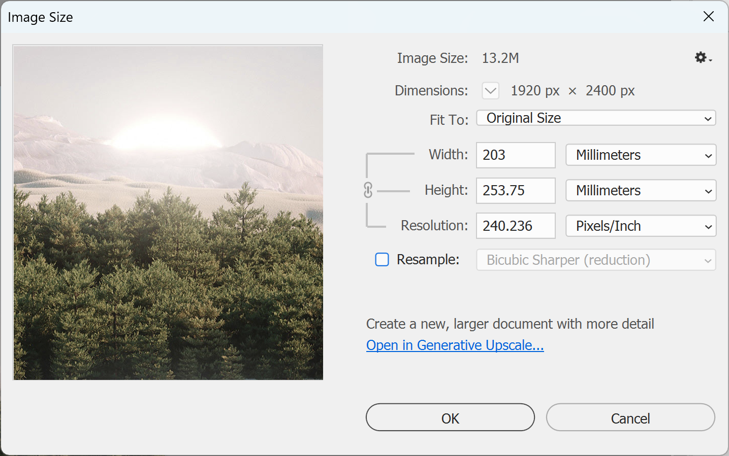 Photoshop Image Size dialog with Resample unchecked and the width set in millimetres