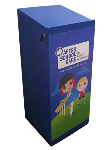 Blue Camp Australia After School Care box with cricket artwork and a key lock
