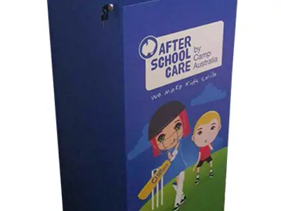 Blue Camp Australia After School Care box with cricket artwork and a key lock