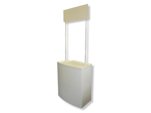 Unbranded white folding demo table with a plain header board on two poles above the top