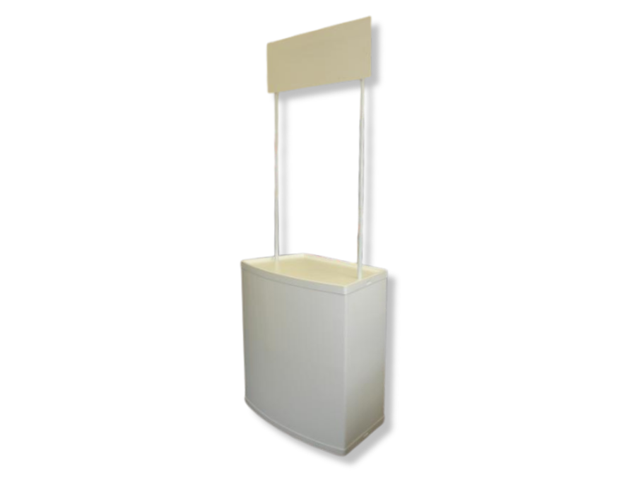 Unbranded white folding demo table with a plain header board on two poles above the top