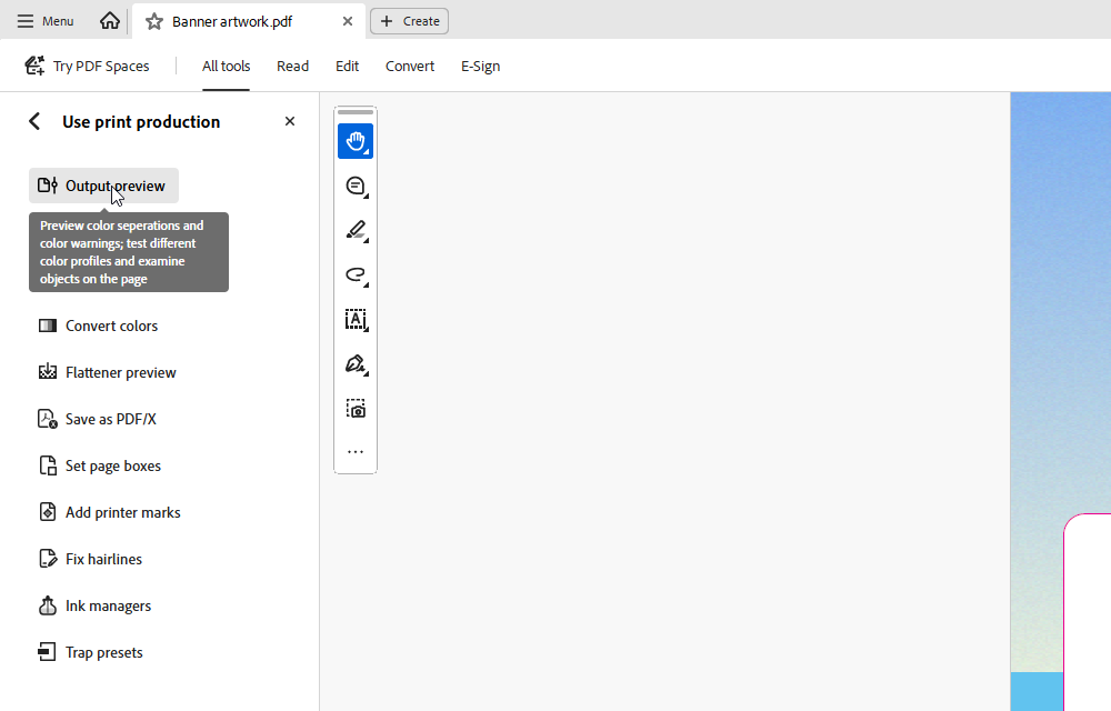 Acrobat Pro All tools pane with Use print production open, showing Output preview and Flattener preview