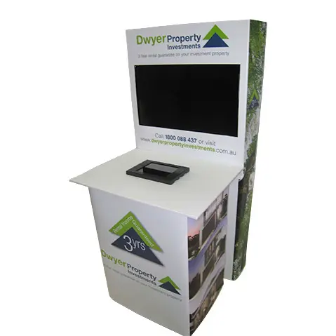 Dwyer Property Investments counter with a tablet in the top and a screen above