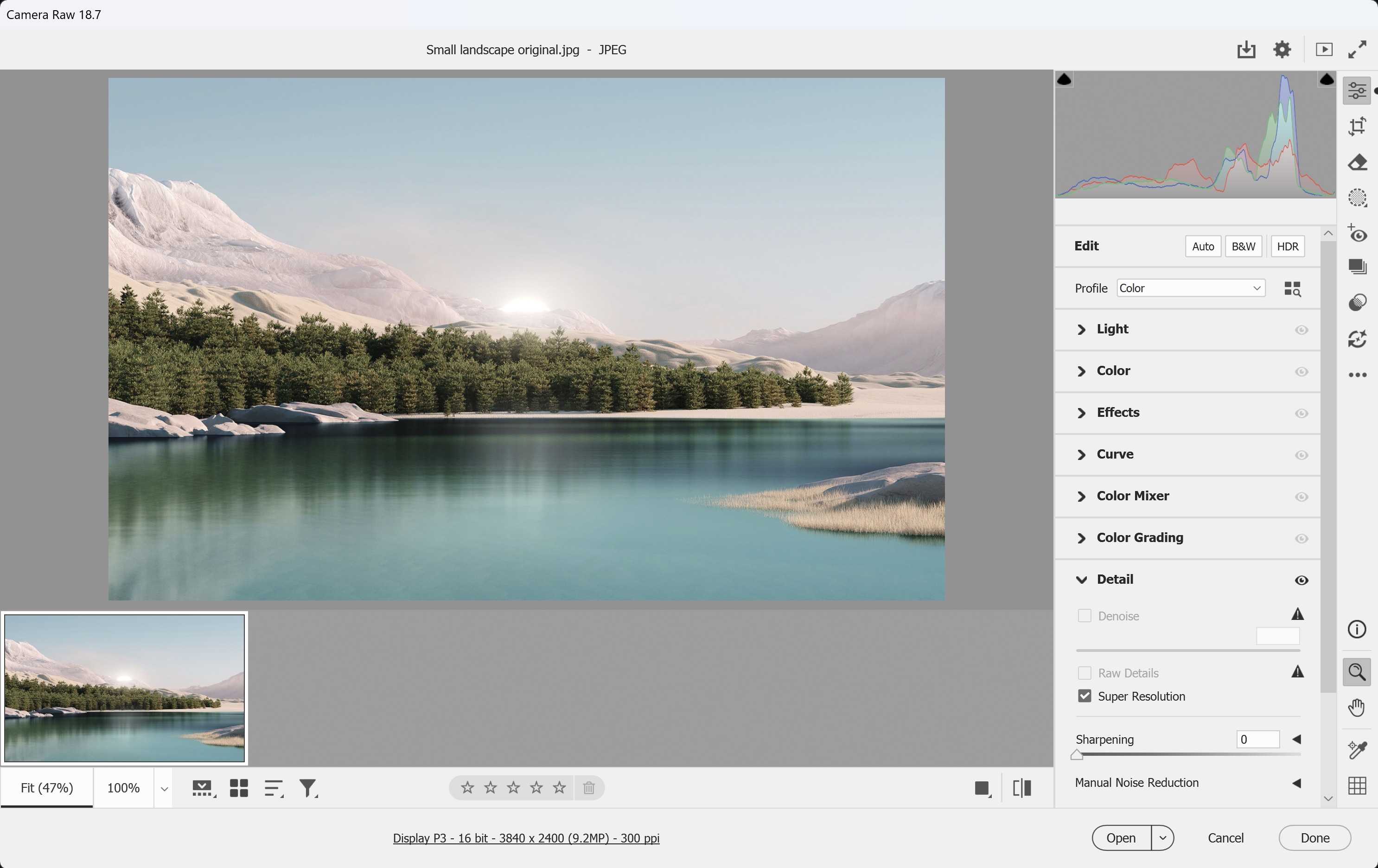 Camera Raw with Super Resolution ticked and the image size doubled