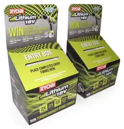 Lime green and charcoal Ryobi Lithium 18V entry boxes in two sizes with raised headers