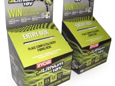 Lime green and charcoal Ryobi Lithium 18V entry boxes in two sizes with raised headers