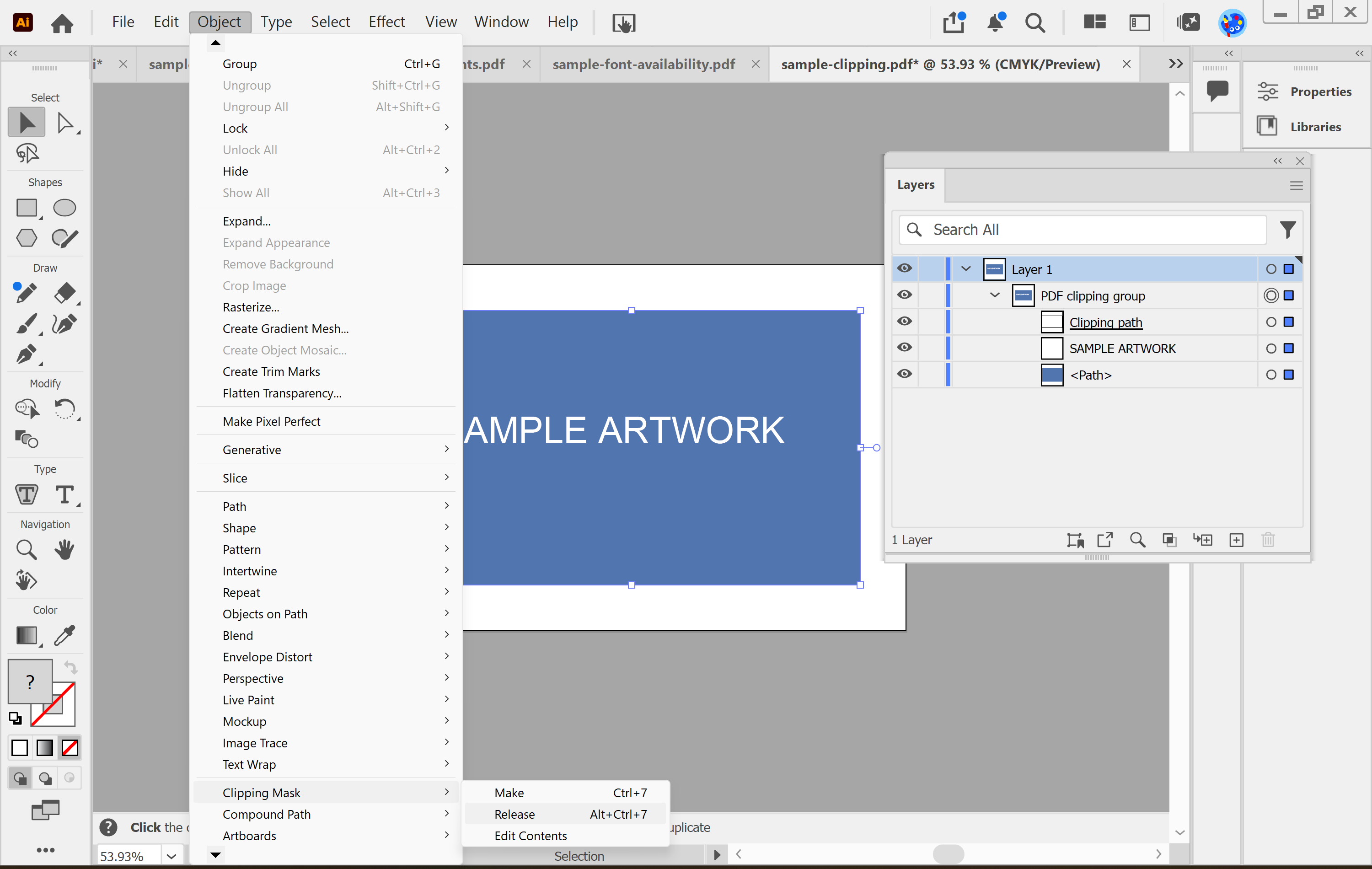 Illustrator Object > Clipping Mask > Release menu with a clipping group selected in the Layers panel
