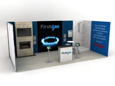 Concept design of a First Gas stand with fireplace, shower and gas-flame graphic