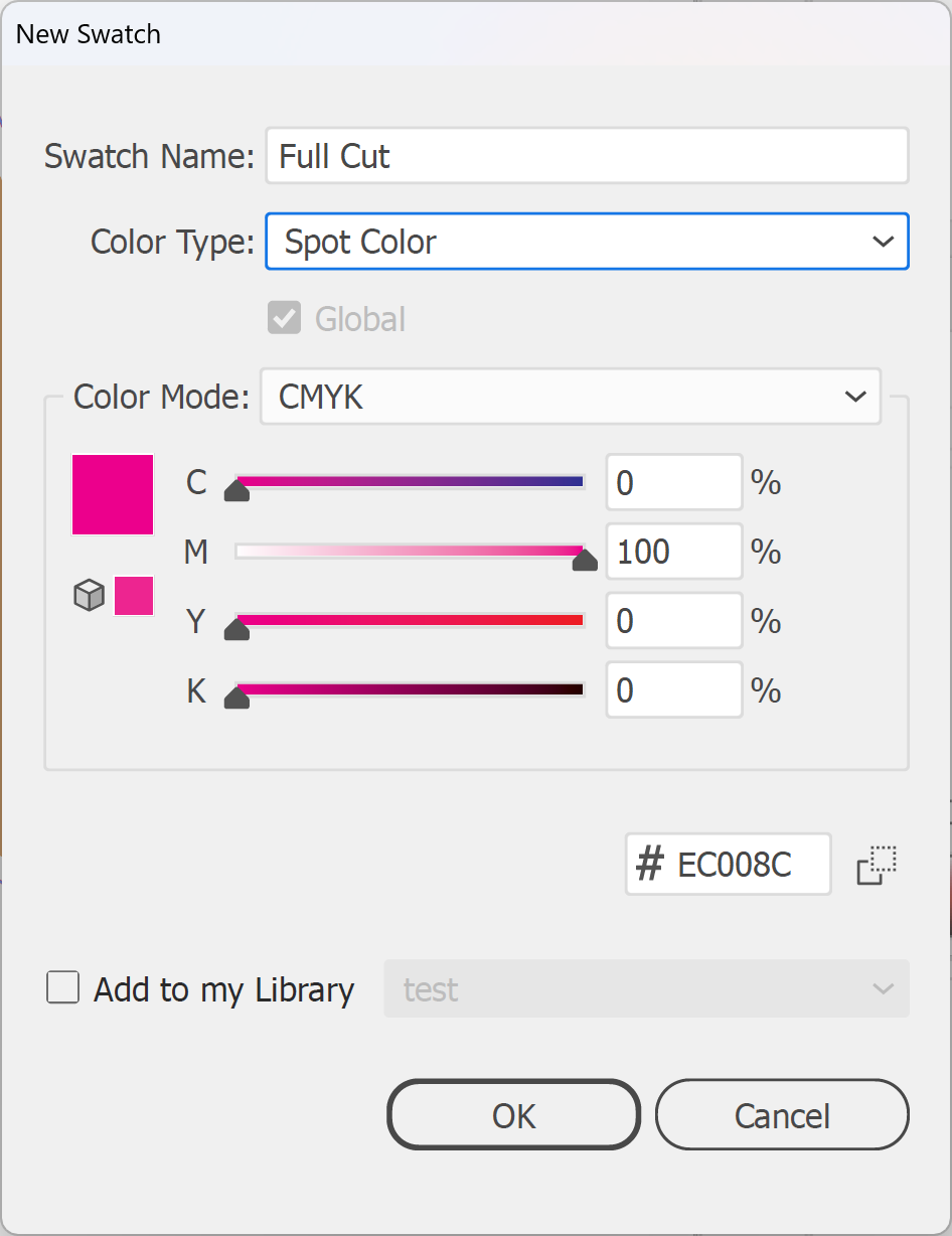 Illustrator New Swatch dialog with Swatch Name Full Cut and Color Type Spot Color