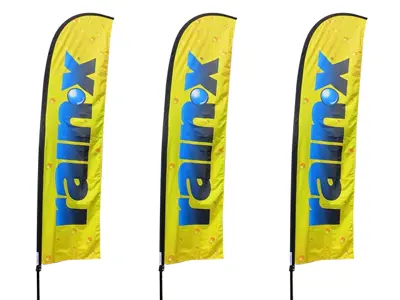Three yellow Rain-X feather flags with blue lettering and a water droplet pattern